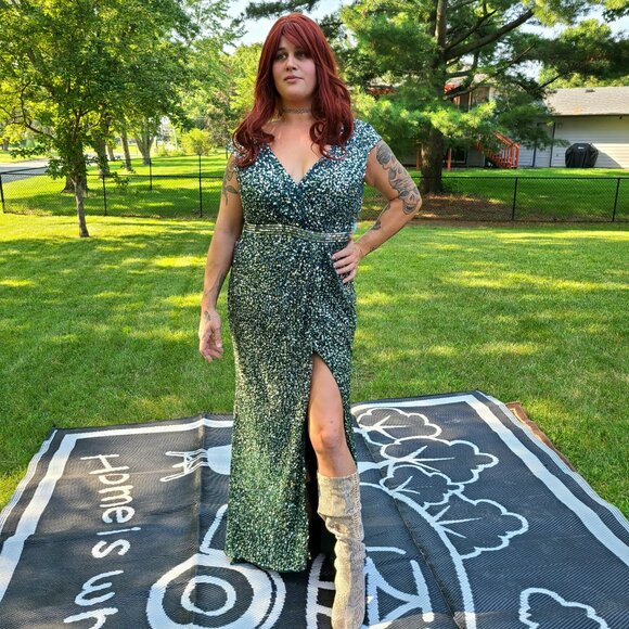 Dresses & Skirts - NEW Mac Duggal 5489 Cap Sleeve Sequined High Slit Maxi PROM Gown 16 Forest Green